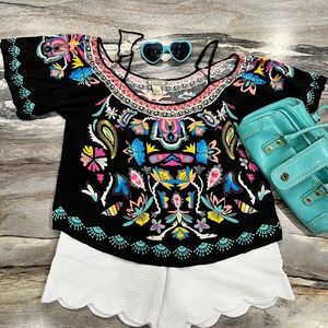 Flying Tomato off shoulder Black top with embroidery look design